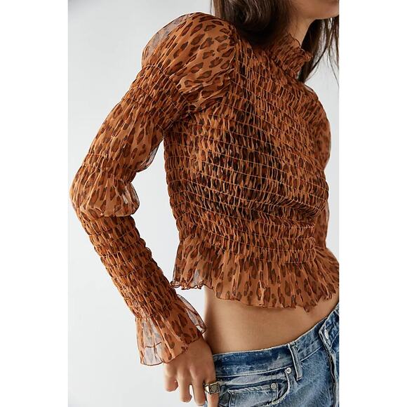 Free People Hello There Top Leopard Print Mesh Long Sleeve Ruched - Picture 4 of 14